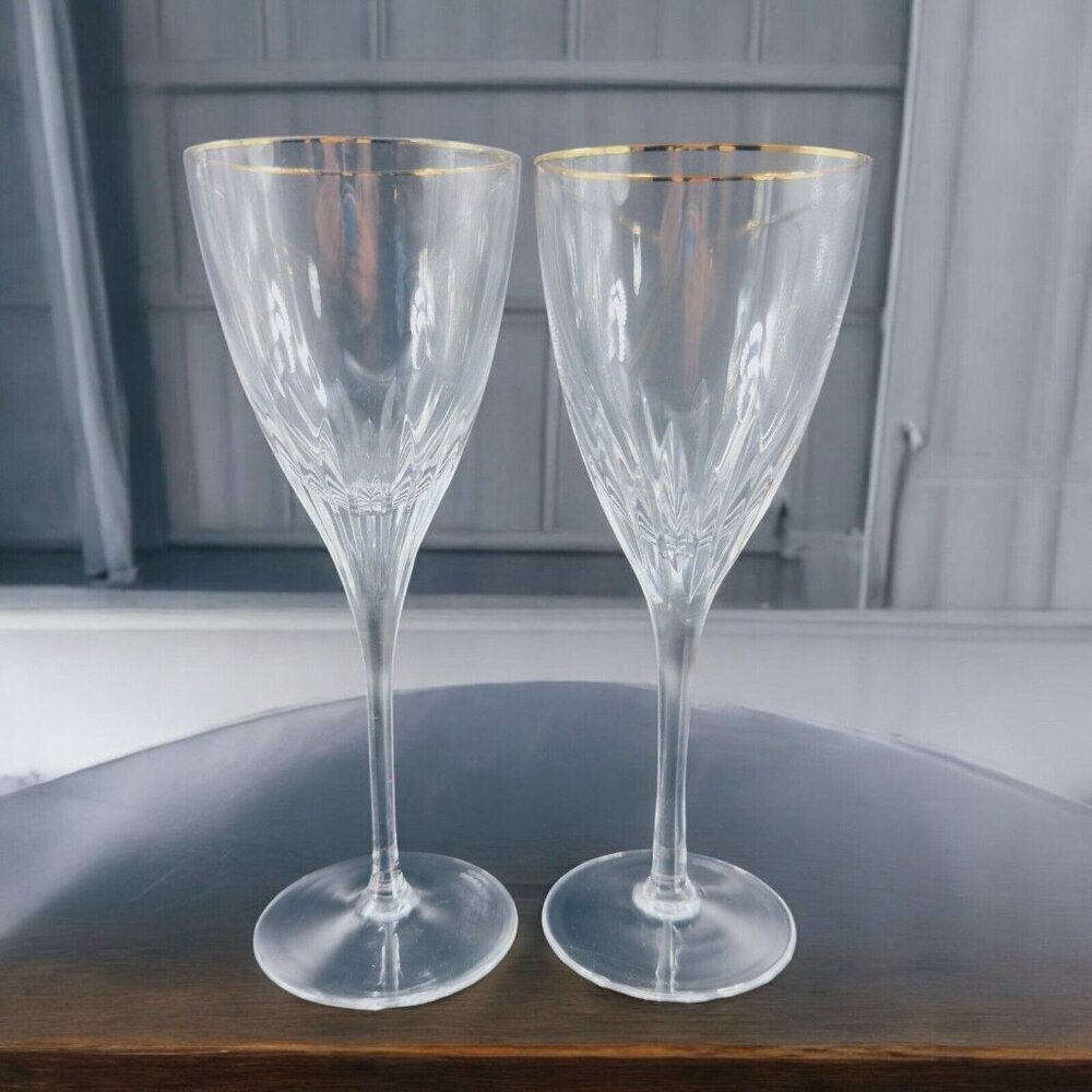 Waterford Marquis‎ Claria Gold Rim Flute Goblet Drinking Glasses Clear Set 2